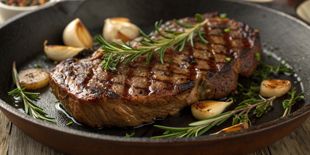 Juicy rib eye steak cooked in the oven, resting on a pan with herbs and garlic for a flavorful, tender finish.