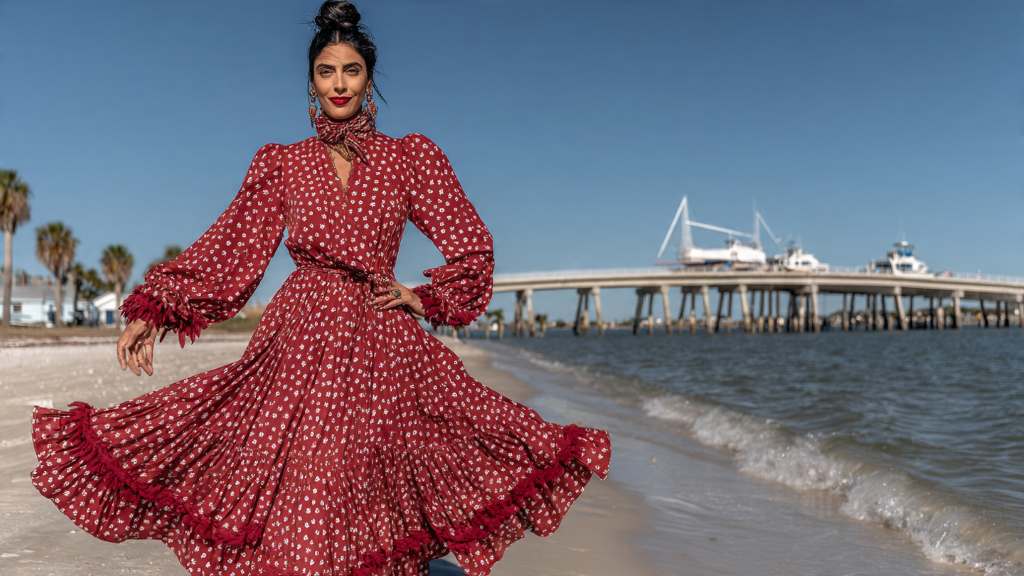 Elegant maxi dress flattering tall female silhouette outdoors