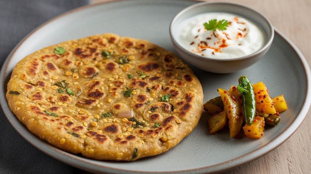 Golden brown soft thalipeeth served with yogurt and pickles on a plate.