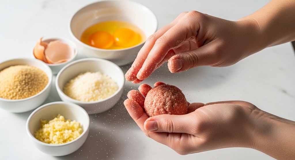 Step-by-step process of rolling raw meatball ingredients including eggs, breadcrumbs, and garlic.