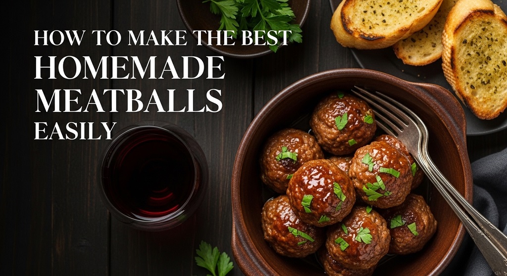 Top-down view of a bowl of homemade Italian meatballs with parsley garnish on a wooden table.