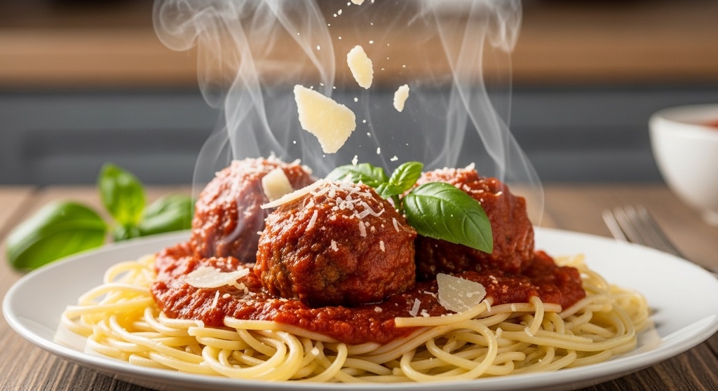 Platter of spaghetti and easy homemade meatballs topped with melted parmesan cheese and red sauce.