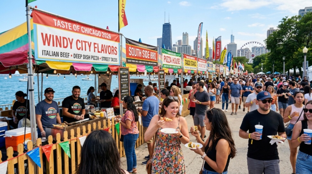 Colorful food stalls and visitors sampling dishes at the Taste of Chicago 2026 along the lakefront