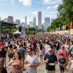 Crowd enjoying food vendors and live music at the Taste of Chicago festival in Grant Park on a sunny summer day