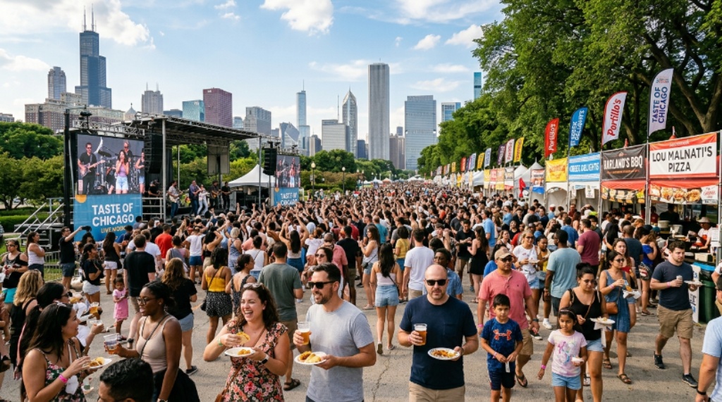Crowd enjoying food vendors and live music at the Taste of Chicago festival in Grant Park on a sunny summer day