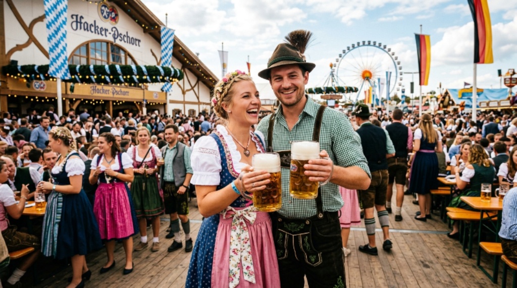 Traditional Bavarian couple in Lederhosen and Dirndl holding large Masskrugs of beer at Oktoberfest Munich