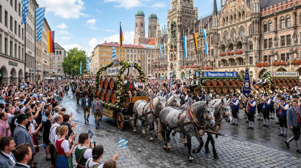 Grand Entry Parade of Oktoberfest landlords with decorated horse-drawn beer carriages marching through Munich city center