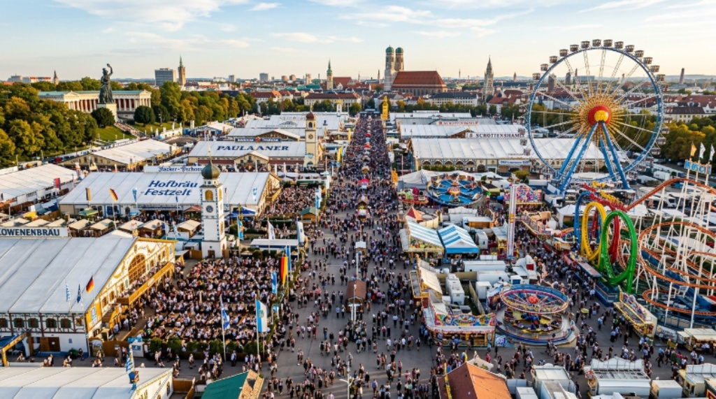 Aerial view of Oktoberfest Munich 2026 festival grounds at Theresienwiese with large beer tents and carnival rides