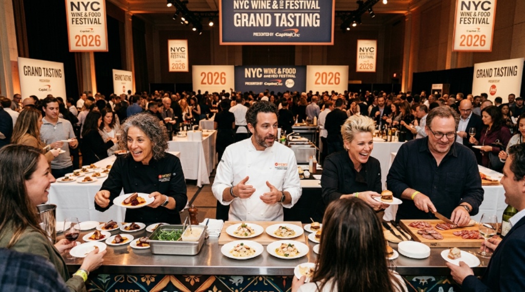 Celebrity chefs presenting dishes at the Grand Tasting event of the New York City Wine and Food Festival 2026