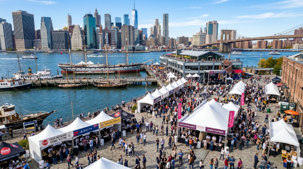 Aerial view of the NYC Wine and Food Festival at the Seaport waterfront with guests sampling food and wine at outdoor tasting stations