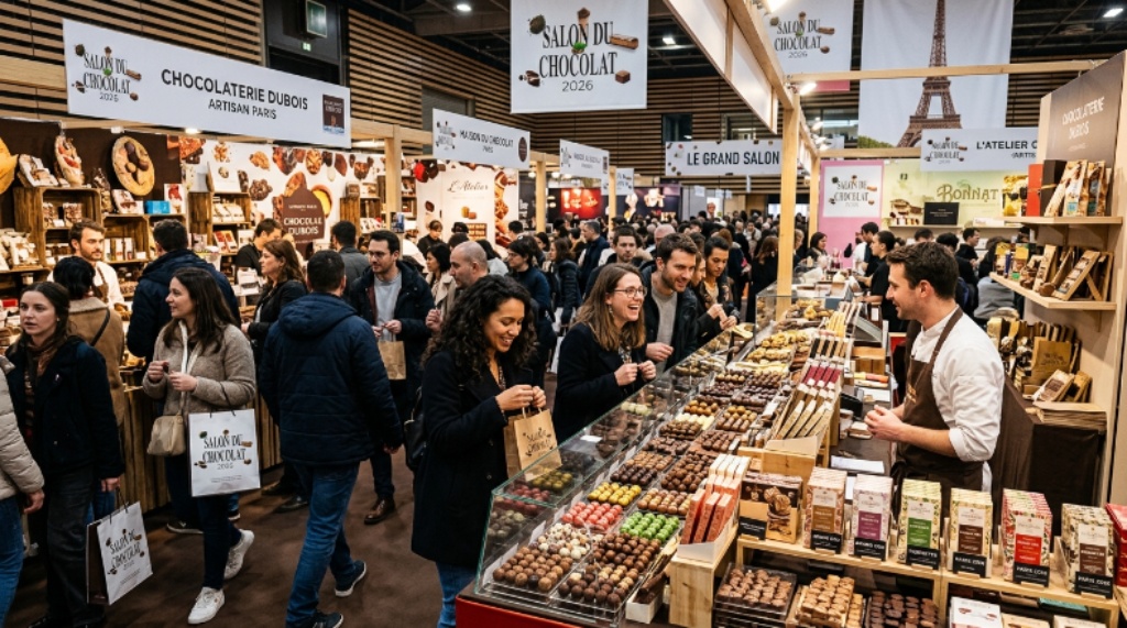 Visitors exploring exhibitor stands at Salon du Chocolat 2026 in Paris, surrounded by artisan chocolate displays