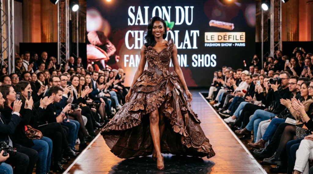 A model walking the runway in a handcrafted chocolate dress at the Salon du Chocolat Fashion Show