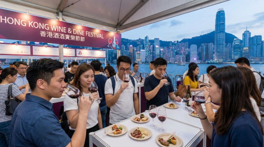 Guests tasting wine and gourmet food at Hong Kong Wine Dine Festival