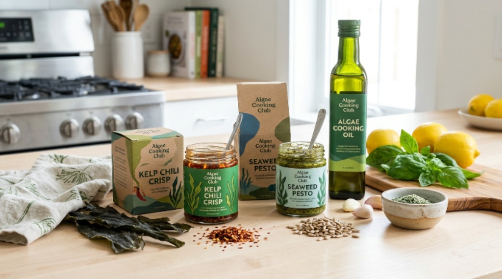 Algae Cooking Club products displayed with ingredients and packaging on a kitchen counter