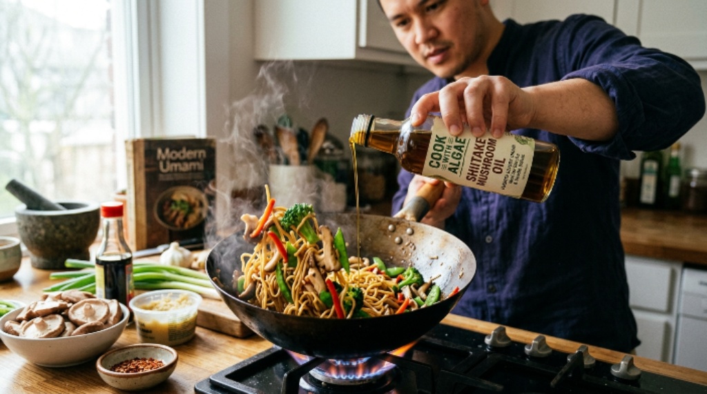 Cook With Algae Shiitake Mushroom Oil used to enhance stir-fry and noodle dishes