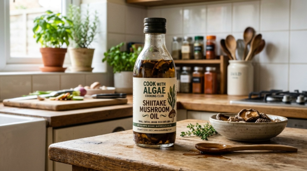 Bottle of Cook With Algae Cooking Club Shiitake Mushroom Oil on a kitchen counter