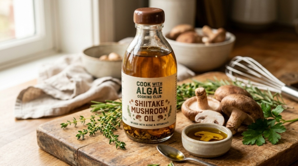 Close-up of Cook With Algae Cooking Club Shiitake Mushroom Oil with fresh shiitake mushrooms and herbs