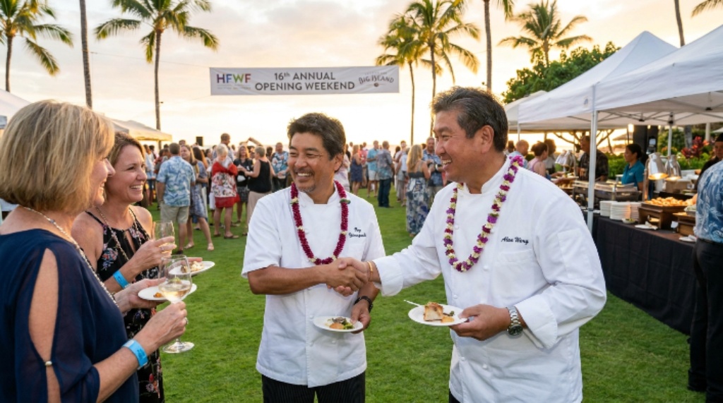 James Beard Award-winning chefs Roy Yamaguchi and Alan Wong greeting attendees at the 16th annual Hawaii Food and Wine Festival opening weekend on the Big Island's Kohala Coast