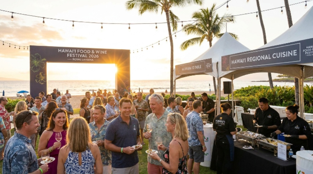 Guests mingling and sampling wine and local cuisine at a beachfront festival event during the Hawaii Food and Wine Festival 2026 at Royal Lahaina Resort in Kaanapali, Maui