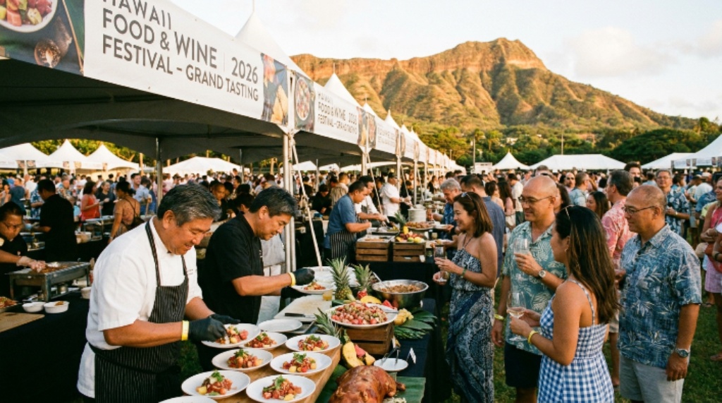 World-class chefs plating dishes with fresh Hawaiian ingredients at an outdoor grand tasting event during the Hawaii Food and Wine Festival 2026 on Oahu's Kapiolani Community College Great Lawn