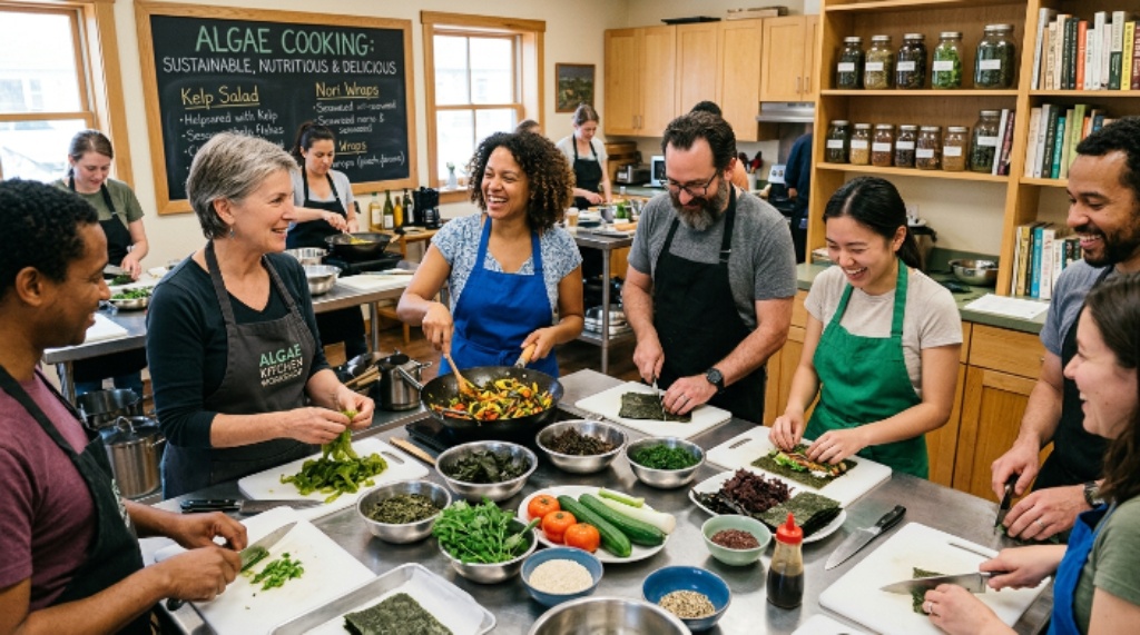 Participants learning sustainable algae cooking techniques in a community cooking workshop