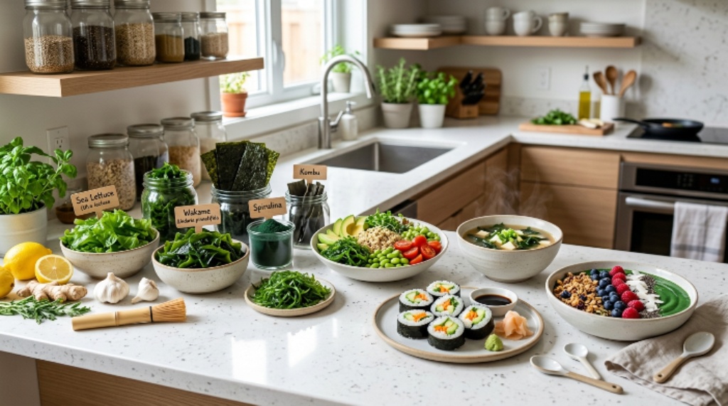 Fresh algae ingredients and healthy dishes displayed on a modern kitchen counter