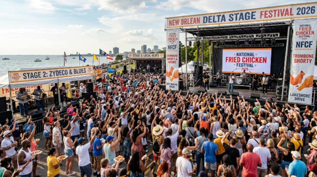 Festival-goers enjoying live music performances across three outdoor stages at the National Fried Chicken Festival 2026 along Lakeshore Drive, New Orleans, Louisiana