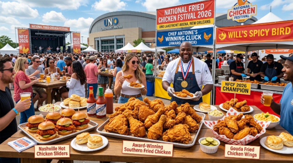 A spread of golden crispy fried chicken dishes served by award-winning restaurant vendors at the National Fried Chicken Festival 2026 at the UNO Lakefront Arena grounds in New Orleans