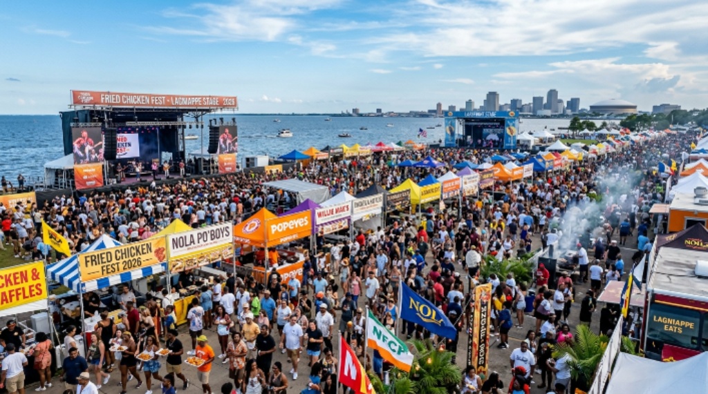 Thousands of food lovers gathered at the New Orleans Lakefront during the National Fried Chicken Festival 2026, with multiple music stages and vendor tents visible under an open sky