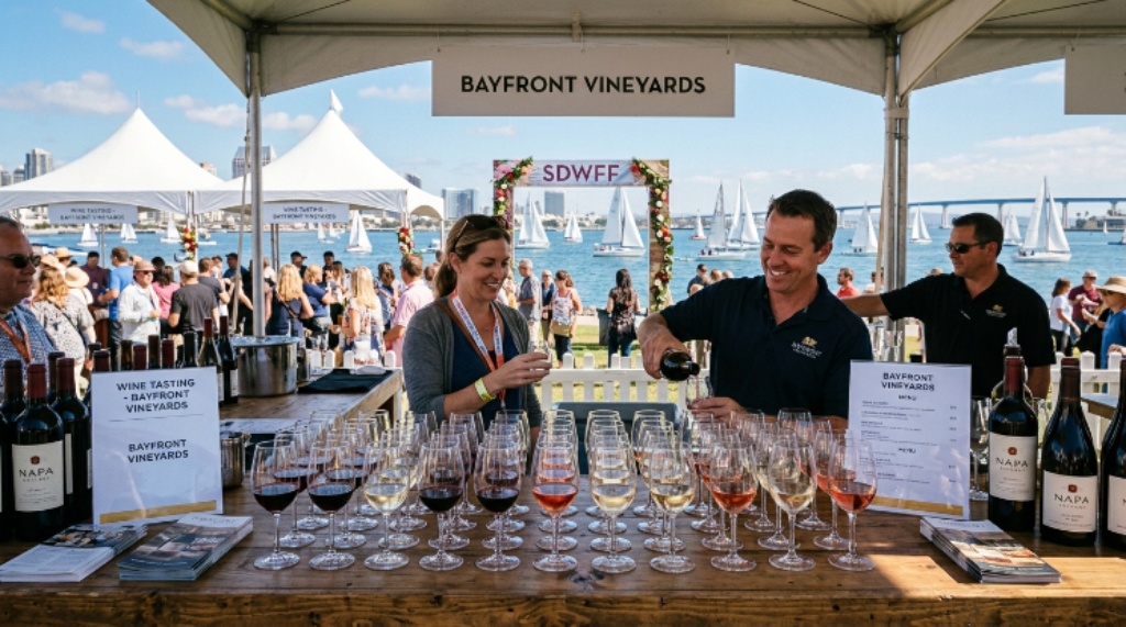 Wine tasting glasses lined up at a San Diego Bay Wine and Food Festival booth with sailboats visible on the bay behind the tents