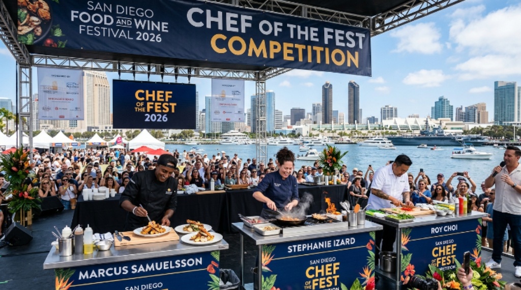 Celebrity chefs competing in the Chef of the Fest Competition at the San Diego Food and Wine Festival 2026 waterfront outdoor venue