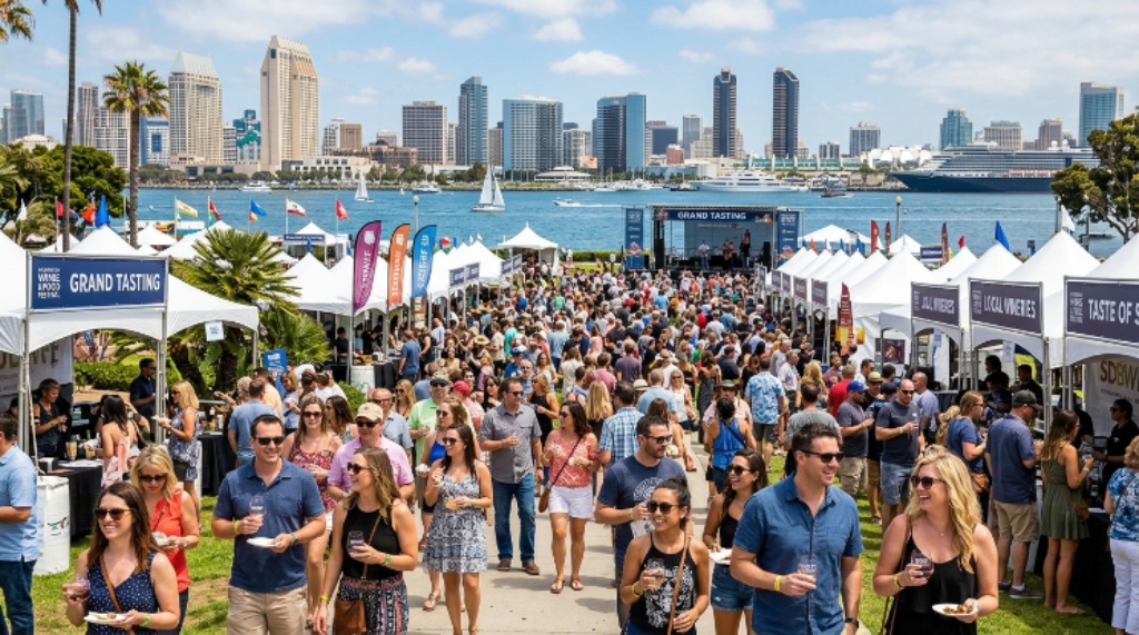 Crowds enjoying the Grand Tasting event at Embarcadero Marina Park North during the San Diego Bay Wine and Food Festival with the bay in the background